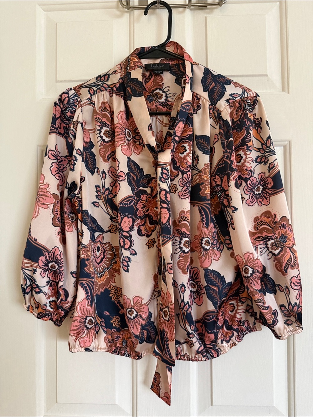 Belldini Pink and Navy Floral Tie-Neck Blouse